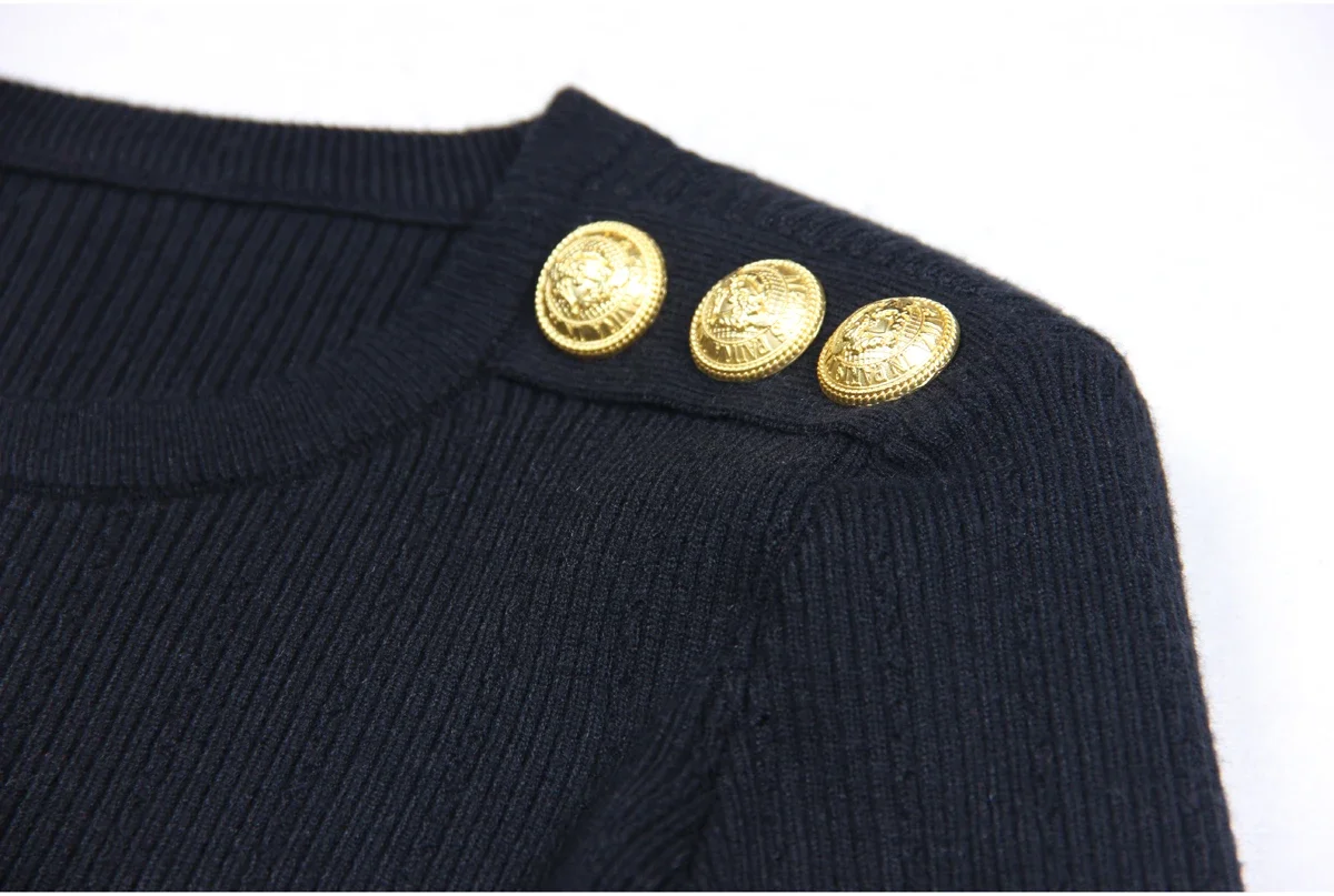 Women Black Crew Neck Wool Blend Knit Sweater 2024 Spring Autumn Classic Quality Base Top
