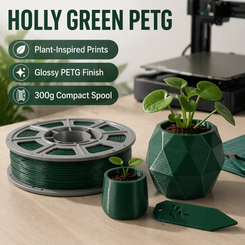 300g Holly Green PETG Filament 1.75mm, High Toughness & Durable 3D Printer Filament, Tangle-Free Smooth Extrusion Compact Spool for Functional Parts and DIY Models
