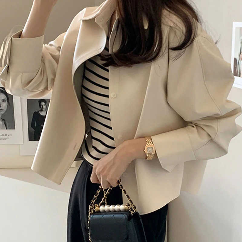 Chaqueta de cuero corta informal hoada con un solo botón y solapa de manga larga de estilo Vintage e para mujer, pre...