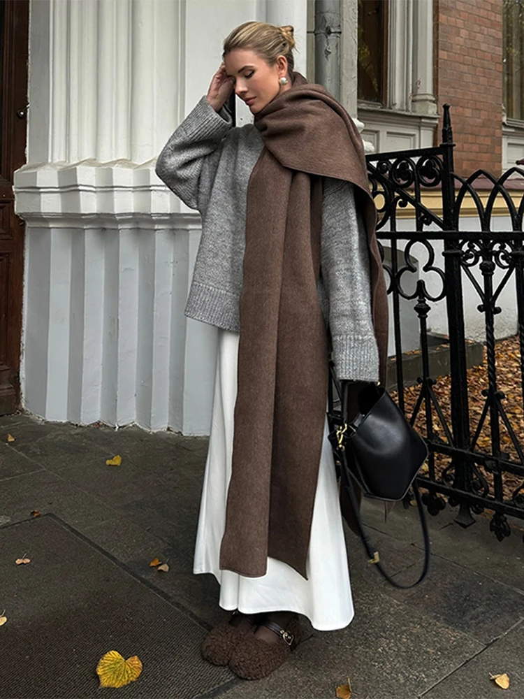 

Brown Women Long Windbreaker Elegant Scarf Collar Double Breasted Long Sleeve Female Winter Coat 2025 Autumn Loose Lady Outwears