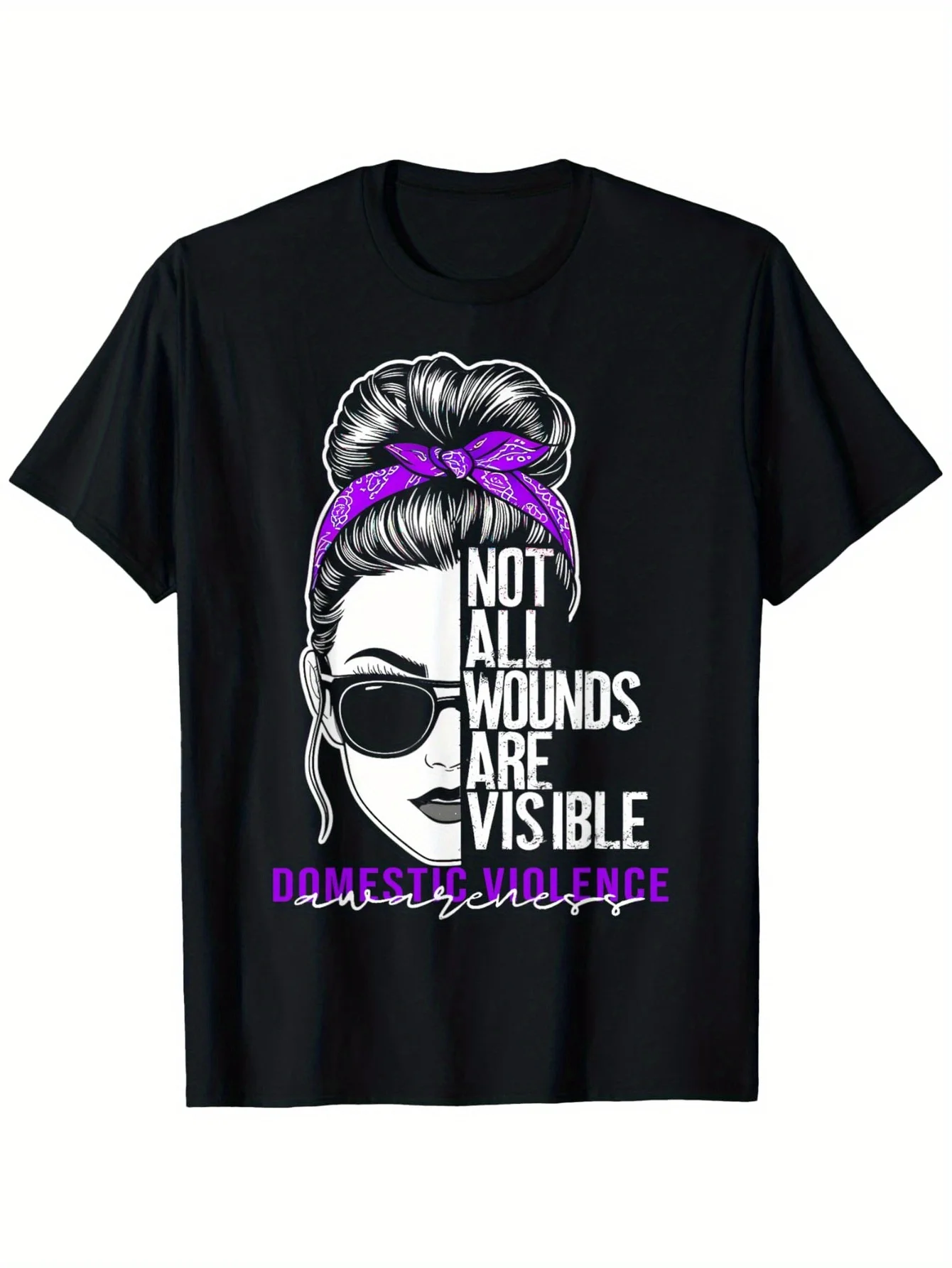 Not All Wounds Are Visible Domestic Violence Awareness T-Shirt - 100% Cotton Black Tee with Purple Ribbon Design, Unisex Regular
