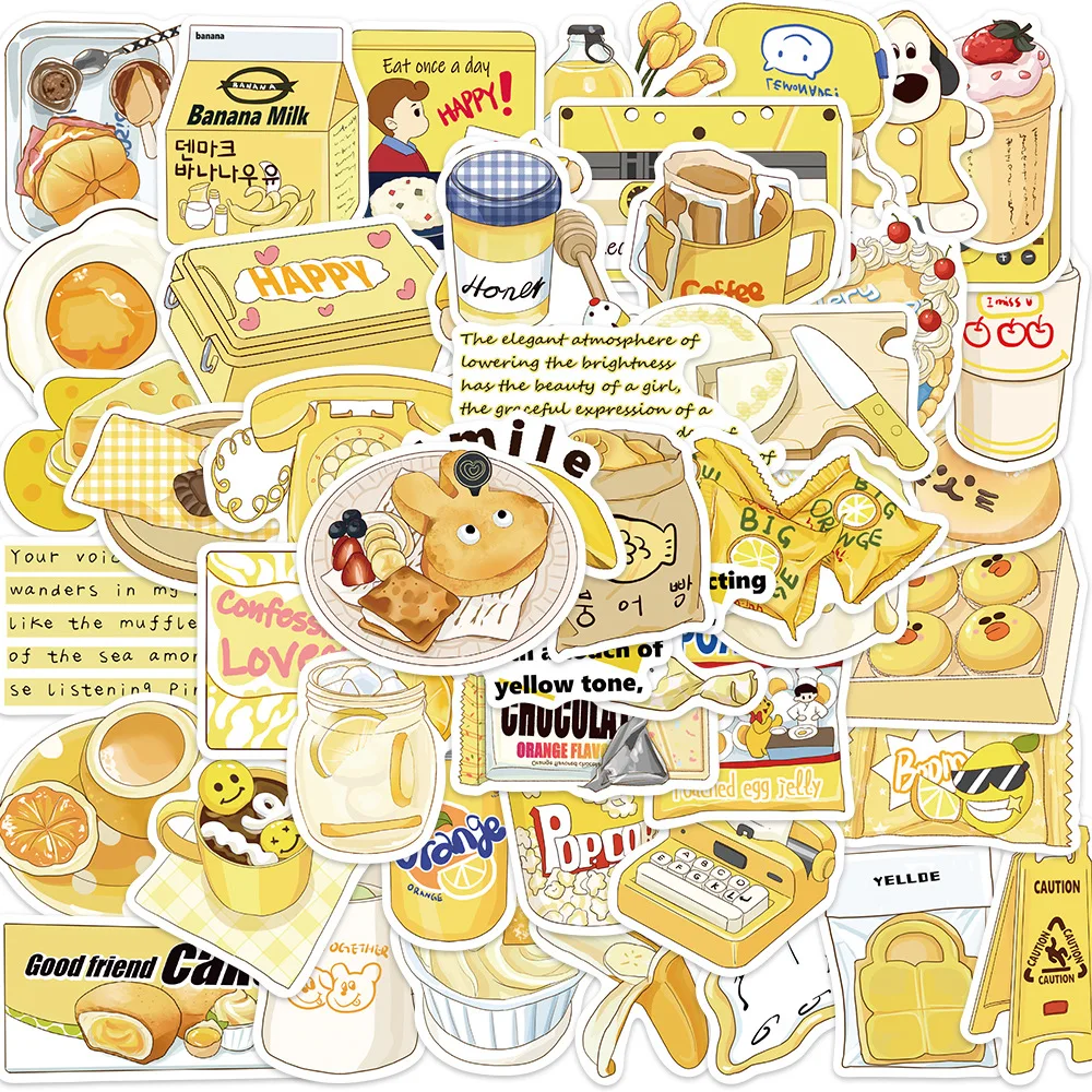 50pcs Yellow Color Style Cartoon Stickers Graffiti Sticker Decorate Phone Back Card Trunk Water Cup Cute Cat Stickers Waterproof