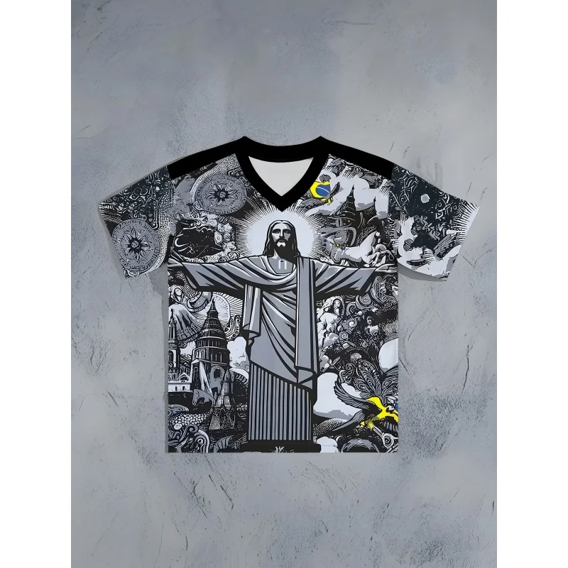 

Футболка с 3D принтом «Иисус Бог» для мужчин, футболки с узором флага Бразилии, летние модные повседневные футболки с круглым вырезом, свободные короткие рукава