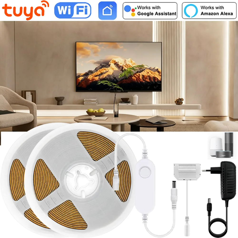 Tuya WiFi Under Cabinet COB Led Strip Dimmable Bookcase Wardrobe Closet Ribbon Light Kit Collection Display Backlight LED Tape