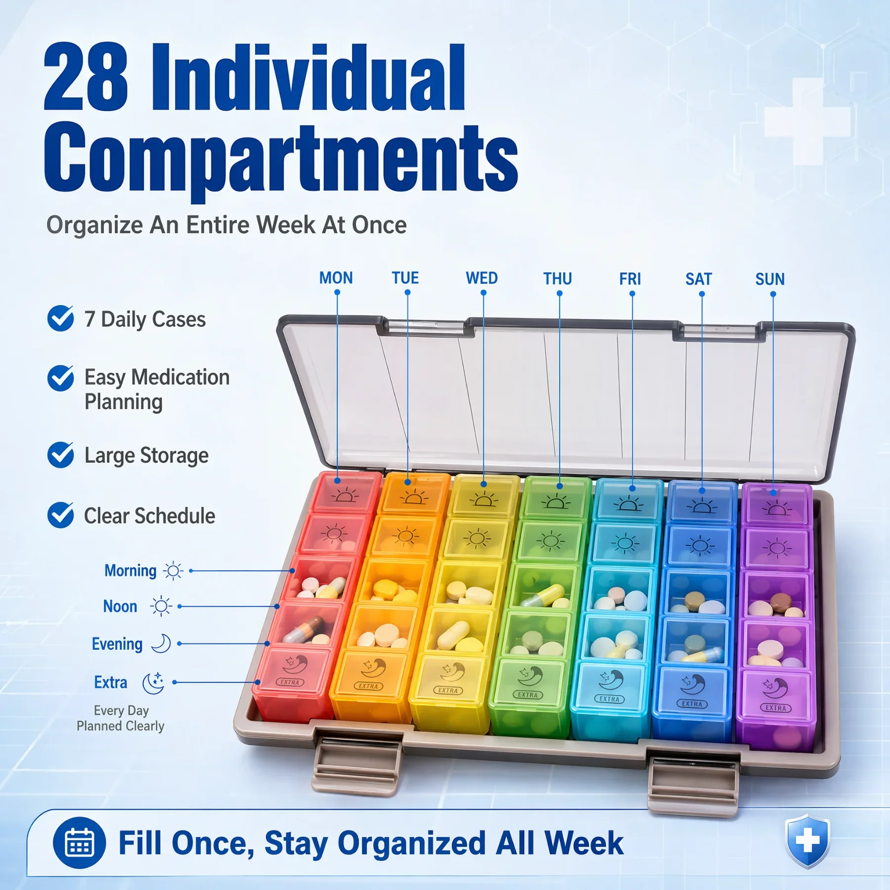 Weekly Pill Organizer 28 Compartments 7 Day Pill Box Travel Medicine Storage Case BPA Free Portable Vitamin Pill Container