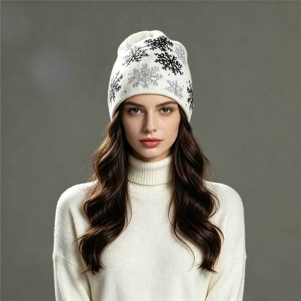 Luxyonuo Women's Winter Beanie Hat Fashionable Snowflake Rhinestone Trim Wool Blend Knitted Hats Lady Double Layer Warm Beanies