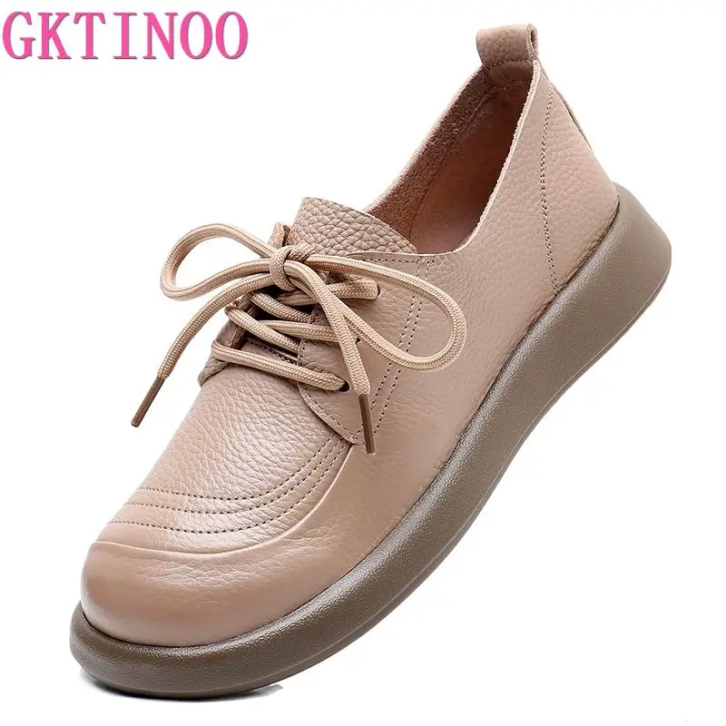 GKTINOO Genuine Cow Leather Loafers Soft Sole Flats Women Shoes 2024 Autumn Round Toe Lace Up Casual Sneakers Large Size