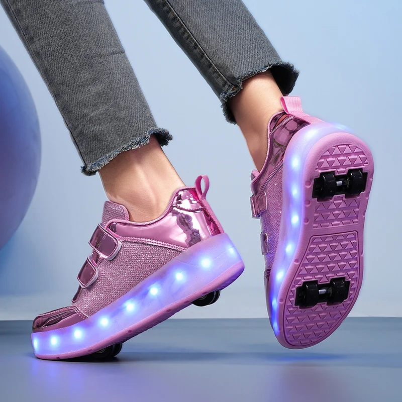 Black Gold Outdoor Sneakers Sports Roller Skating Shoes For Kids Flashing Four-wheel Boys Girls Shoes Led Light Middle Big Kids