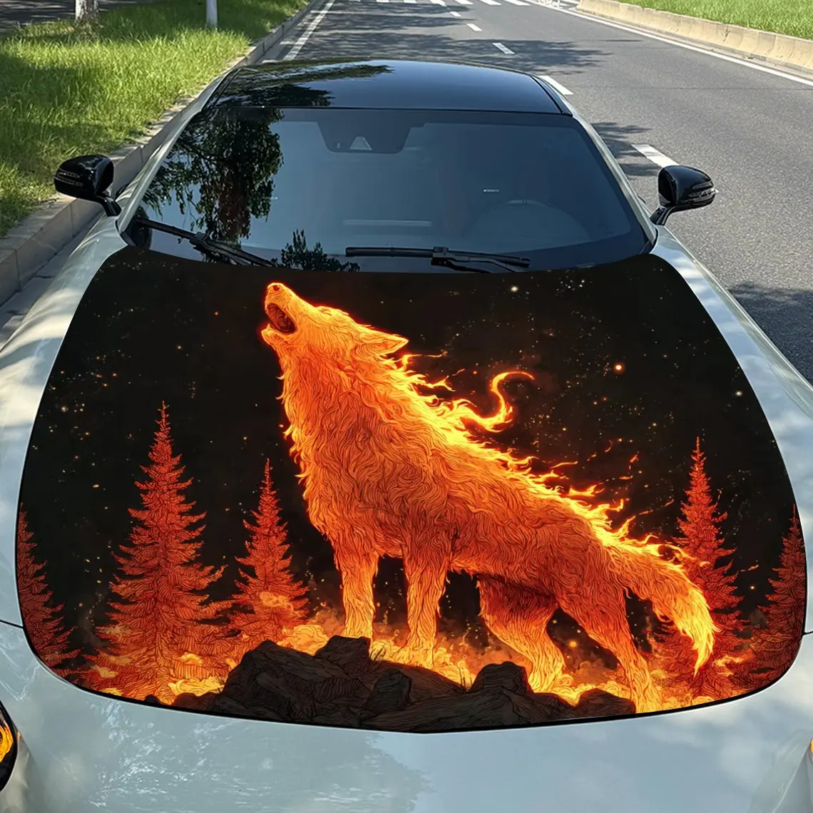 

Roaring Flame Wolf Car Hood Sticker-waterproof And Scratch Resistant PVC Car Sticker, Suitable For Cars, Trucks, And SUVs-easy T
