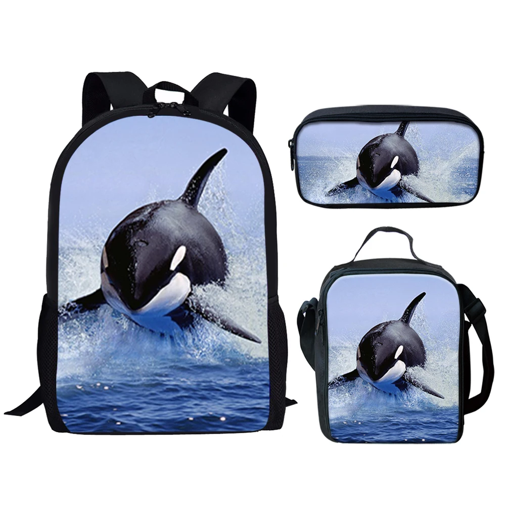 Ocean Killer Whales Design Print 3 шт. Студенческая школьная сумка Набор рюкзаков для девочек и мальчиков Сумка для обеда Сумка-карандаш Подростковые дорожные рюкзаки