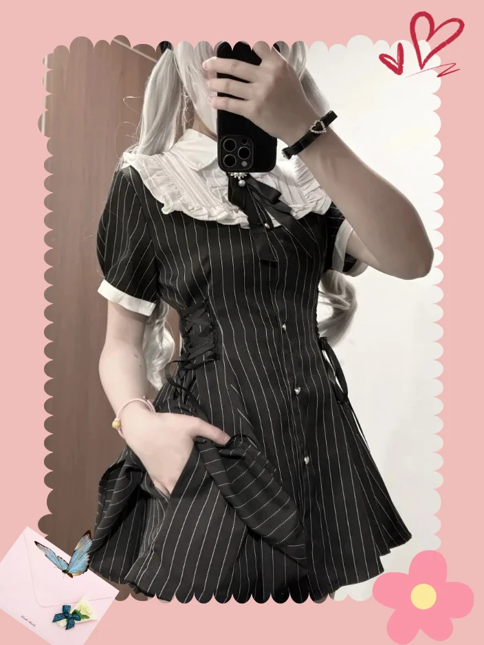 

Japanese Mine Suit Sweet Girls Lapel Short-sleeved Lace-up Slim-fit Top Plaid Single-breasted Dress and Shorts Two-piece Set