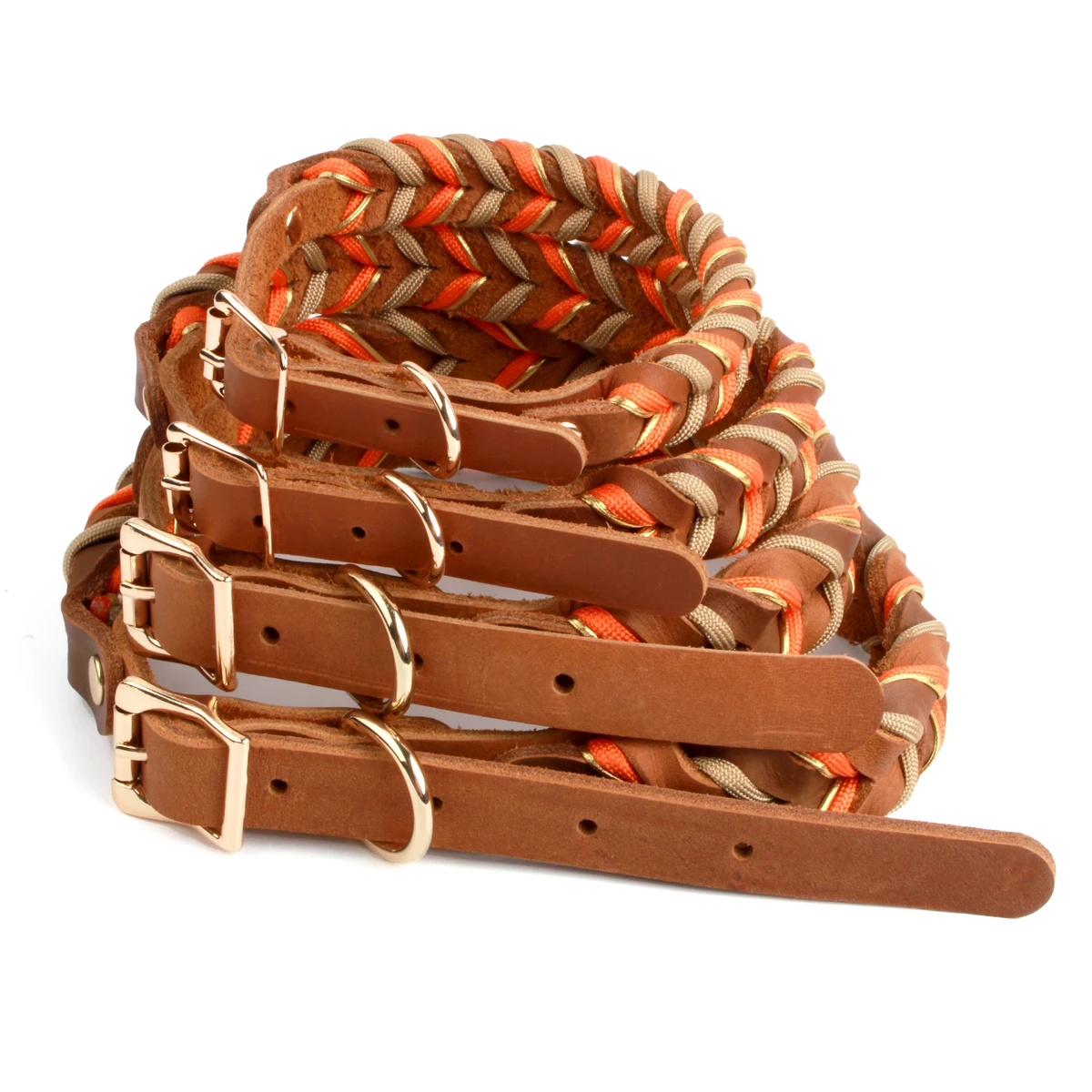 Braunes Leder-Hundehalsband und Leinen, Anzug, gewebte Muster, wunderschönes, langlebiges Nylon, orange Farben, Seil, freihändiges Design, 2026, neu – Detail 8