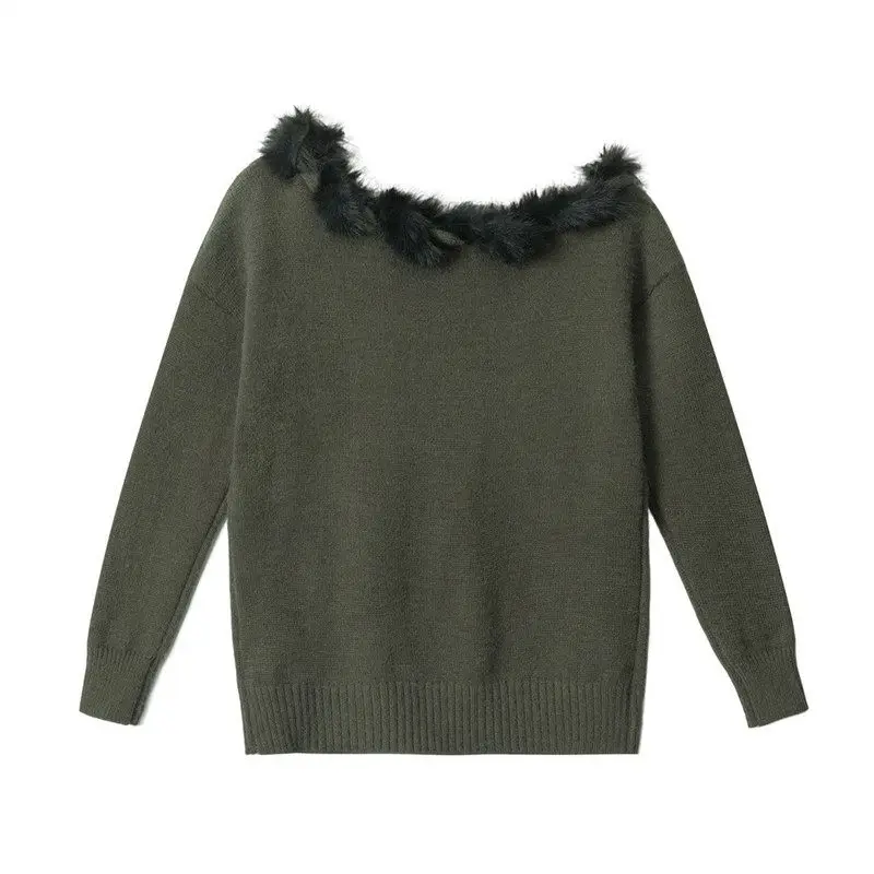 HeyHenry American Retro Spicy Girl Maglione monospalla Donna Autunno Colletto obliquo Stampa in pelliccia Maglia irt Vestibilità ampia Mediu...