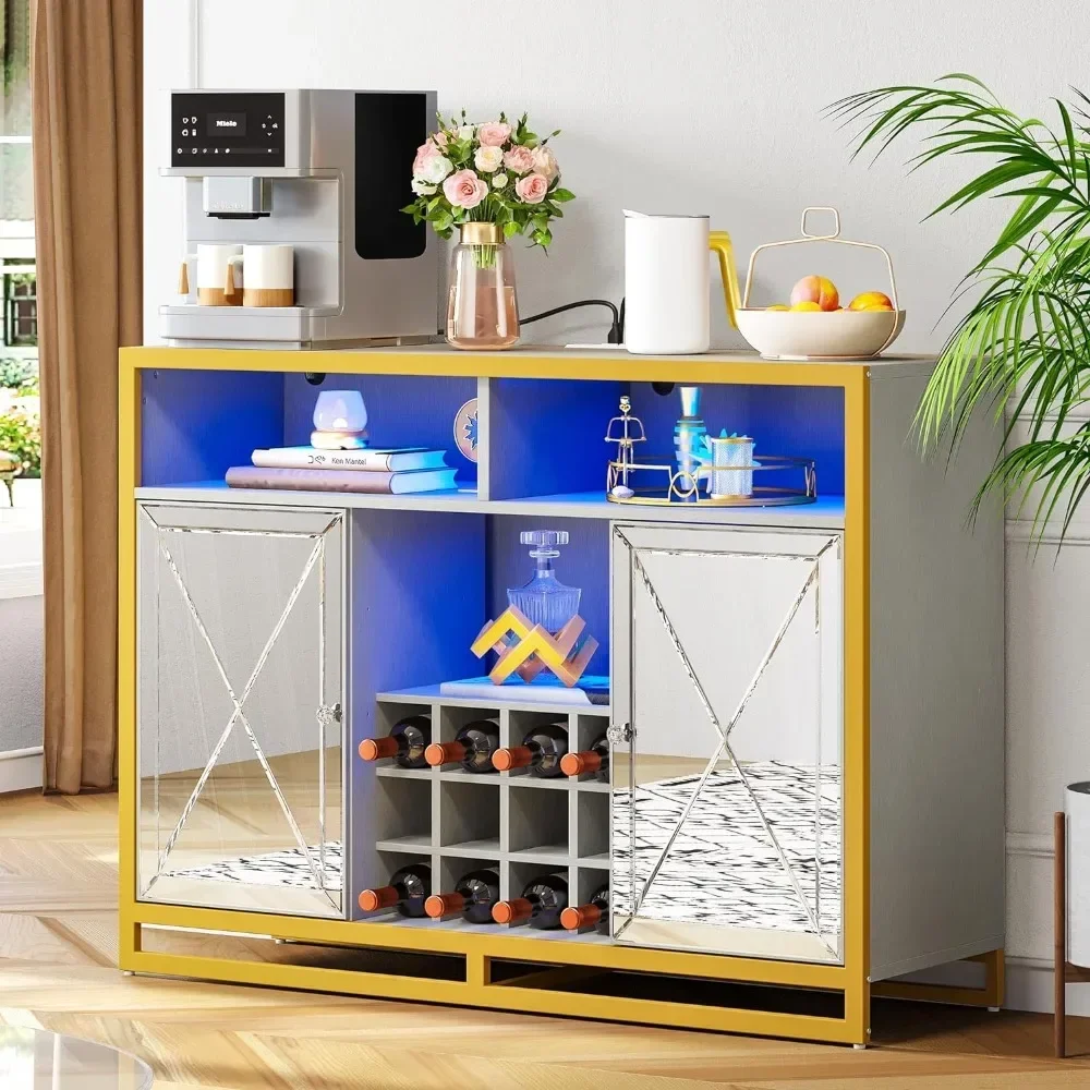 Bar Cabinet com Power Outlets, Coffee Bar Cabinet com Luzes LED e Removível Wine Rack, Armário Buffet de Armazenamento