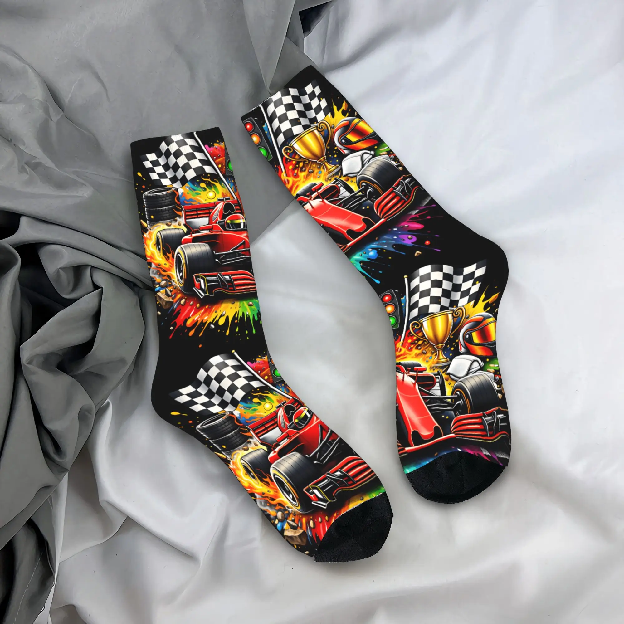Men Socks Red Race Car Trophy Helmet Fire Paint Splash Motorsport Graphic  Stockings Autumn Elegant Quality Socks Cycling Socks