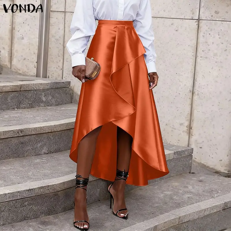 

VONDA Plus Size 5XL Women High Waist Satin Skirts Summer Ruffled Asymmetrical Long Skirt Fashion Elegant Party Jupes Faldas Saia