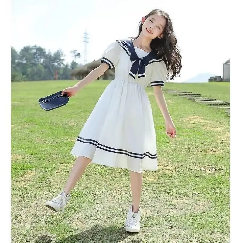 

New Summer Dress for Girls Short Sleeved Dresses Sailor CollarTeenagers Vestido Kids Princess Clothing 6 8 10 12 14 Year Clothes