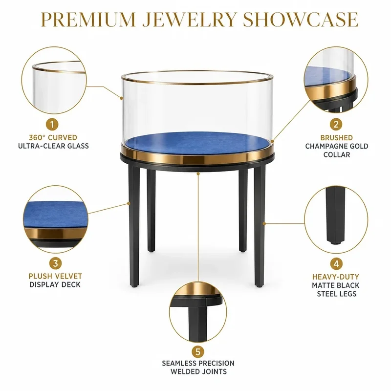 custom.Custom Round Cylindrical Glass Jewelry Display Stand with Blue Velvet Deck and Gold Trim Jewelry Store