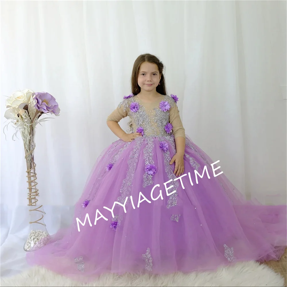 

Baby Princess Lilac Sparkle Silver Ball Gown Flower Girl Dress 2023 Appliques Party Gowns Children Pageant First Communion Gowns