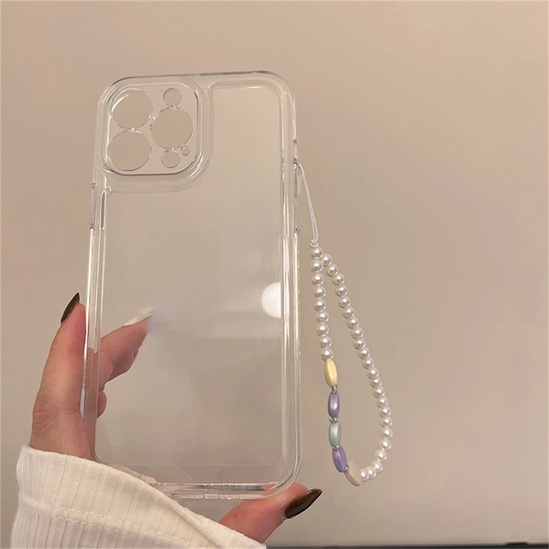 Korea Cute Pearl Heart Bracelet Transparent Phone Case For iPhone 17 16 14 15 13 12 11 Pro XS Max 16 Plus Shockproof Soft Cover
