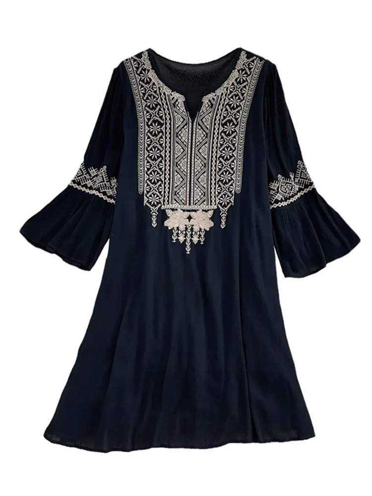 Summer Temperament Loose Ethnic Style Embroidered Dress Cotton Linen Holiday Vintge Dresses Women D1445