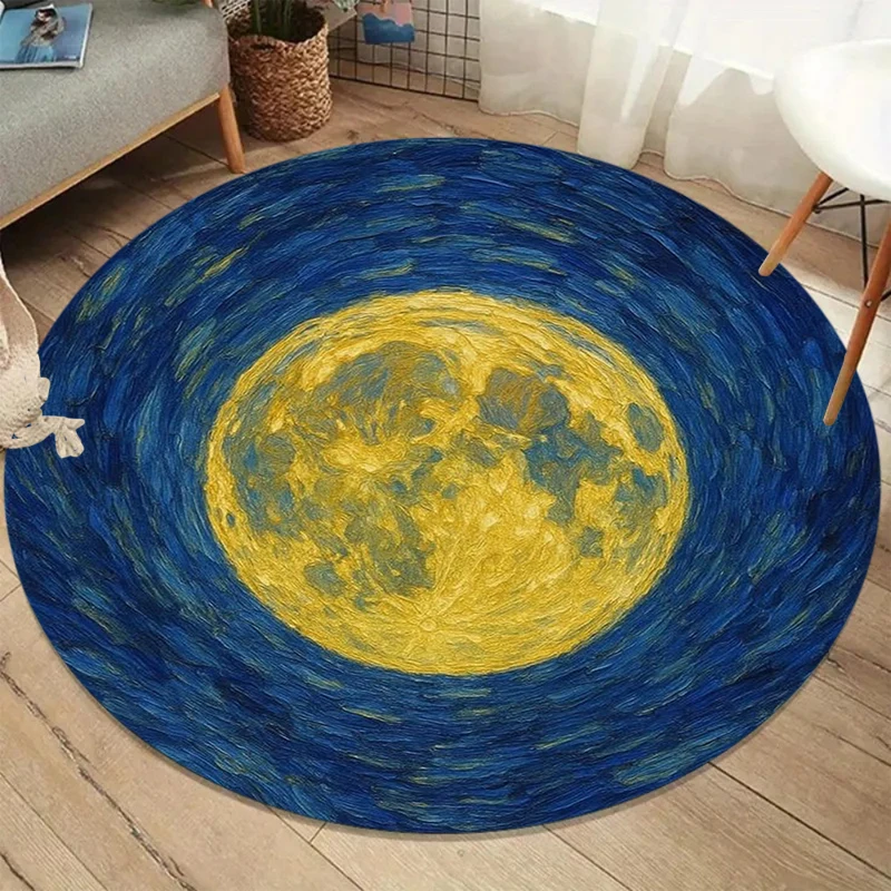 Luminous Full Moon & Starry Sky Round Rug Artistic Oil Painting Anti-slip Soft Carpet for Cozy Bedroom Home Office Decor