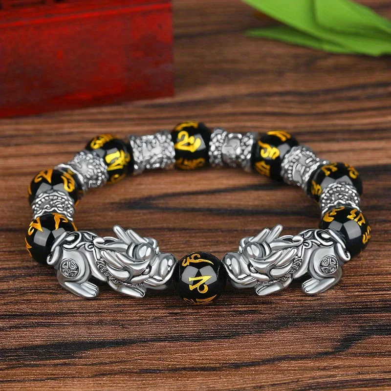 Fengshui Pixiu Bracelet Natural Obsidian Stone Beads Bracelets for Women Men Wealth Good Luck Buddha Unisex Wristband Jewelry