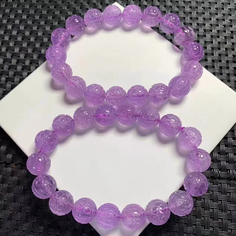 Natural Purple Amethyst Quartz Clear Bracelet 11mm Carved Round Beads Amethyst Women Men Stretch Purple Amethyst AAAAA