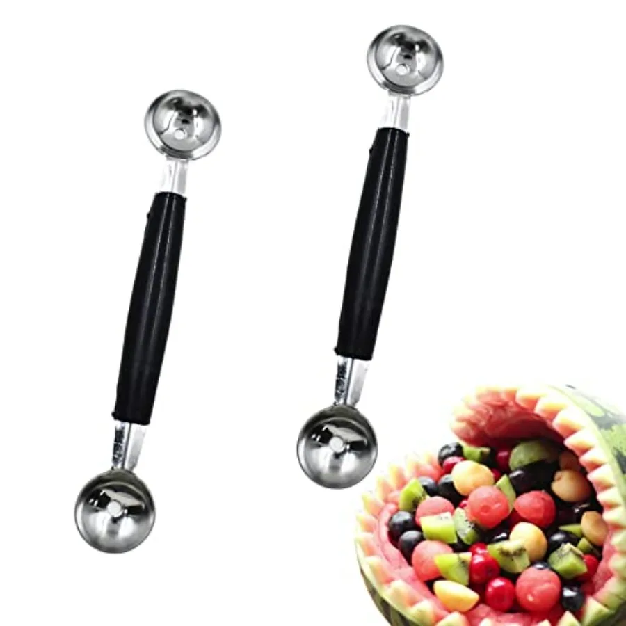Paquete de 2 Cucharas para Hacer Bolas de Fruta y Helado de Doble Punta, Cuchara para Hacer Bolas de Melón de Acero Inoxidable, Bolas de Melón Redondas y Lisas, Cuchara para Melón