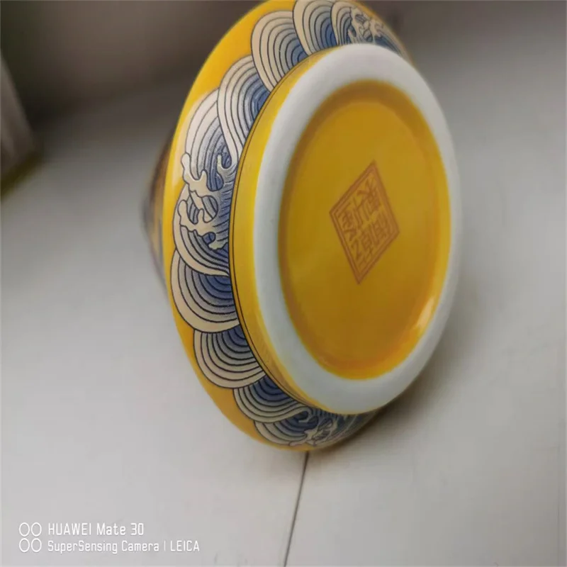 Chinese Old Porcelain, yellow background enamel colored Double Dragon Pattern vase