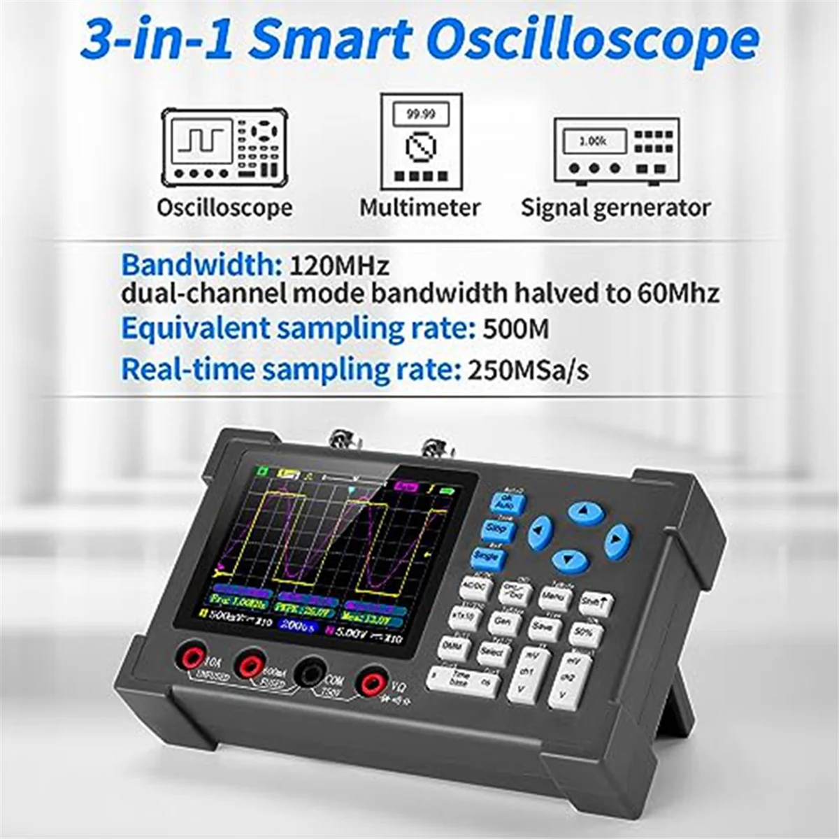 3-In-1 Portable 2-Channel Handheld Oscilloscope 120MHz Bandwidth 500MSa/S+Digital Multimeter Tester Auto Range