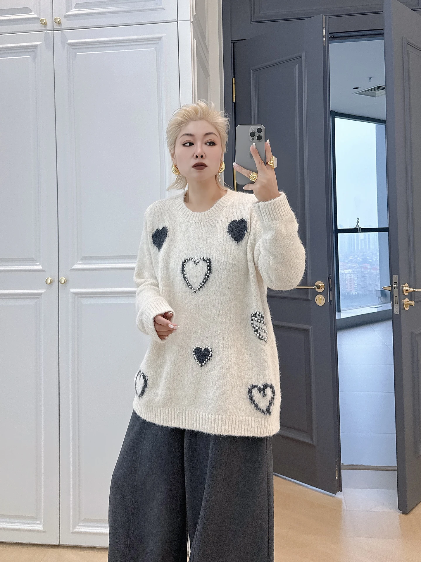 

Корейский женский вязаный свитер Long Sve Lazy Sle больших размеров, мягкий пухлый дизайн с сердечками, удобный дышащий...