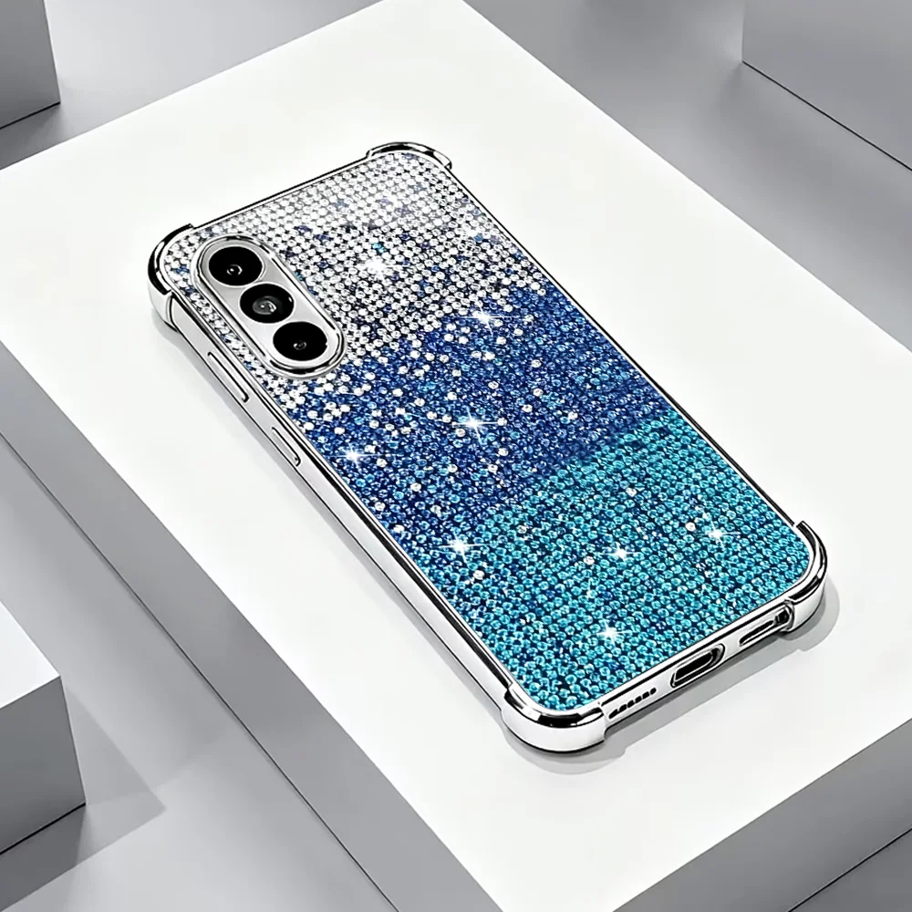 Blue Silver Bling Rhinestone s26 ultra case s25 ultra case Glass phone case for Samsung Galaxy S26 25 24 23 22 21 FE Ultra Plus
