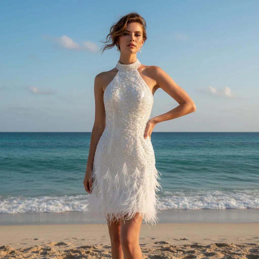 

Роскошное мини-свадебное платье Rosymae с жемчугом, элегантное платье длиной до чая с перьями, естественное красивое мелирующее платье