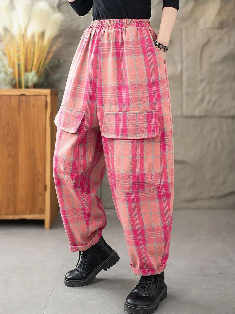 Fashion Contrasting Color Plaid Pants Women's Casual Baggy Oversized Pantalones High Waisted Elastic Ankle-length Harem Hosen
