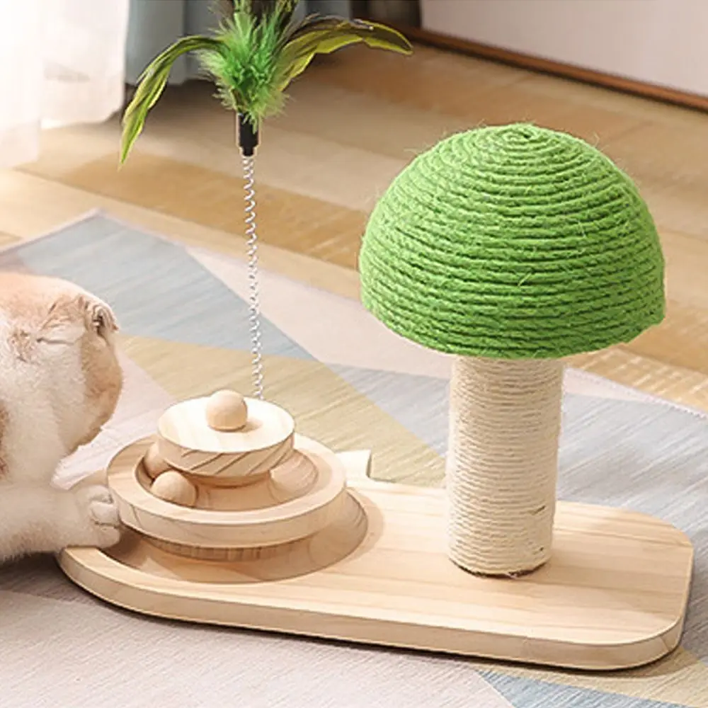 

Funny Cat Scratching Post Sisal Ball Durable Wear-resistant Pet Climb Toy with Feathers Solid Wood Turntable Toy