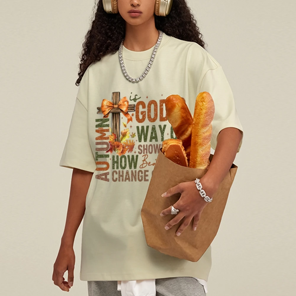 Retro Outfit T-Shirt High Quality Pure Cotton Old Letter Bow Graphic Printing Round Neck Loose Shoulder Trend New Short Sleeves