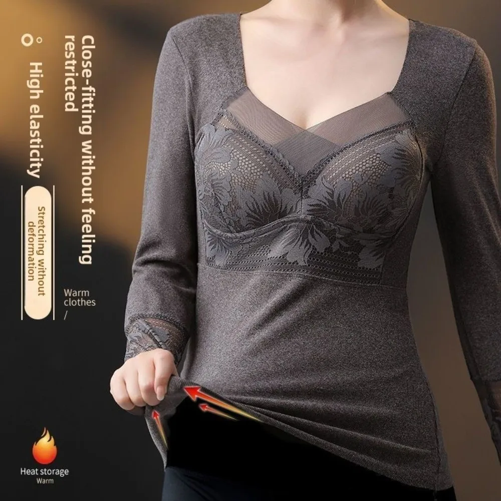 

Lace Women Thermal Clothes Autumn Clothes Mesh V Neck Thermal Underwear Feel Heating Lingerie Warmth Long Warm Top Undershirt