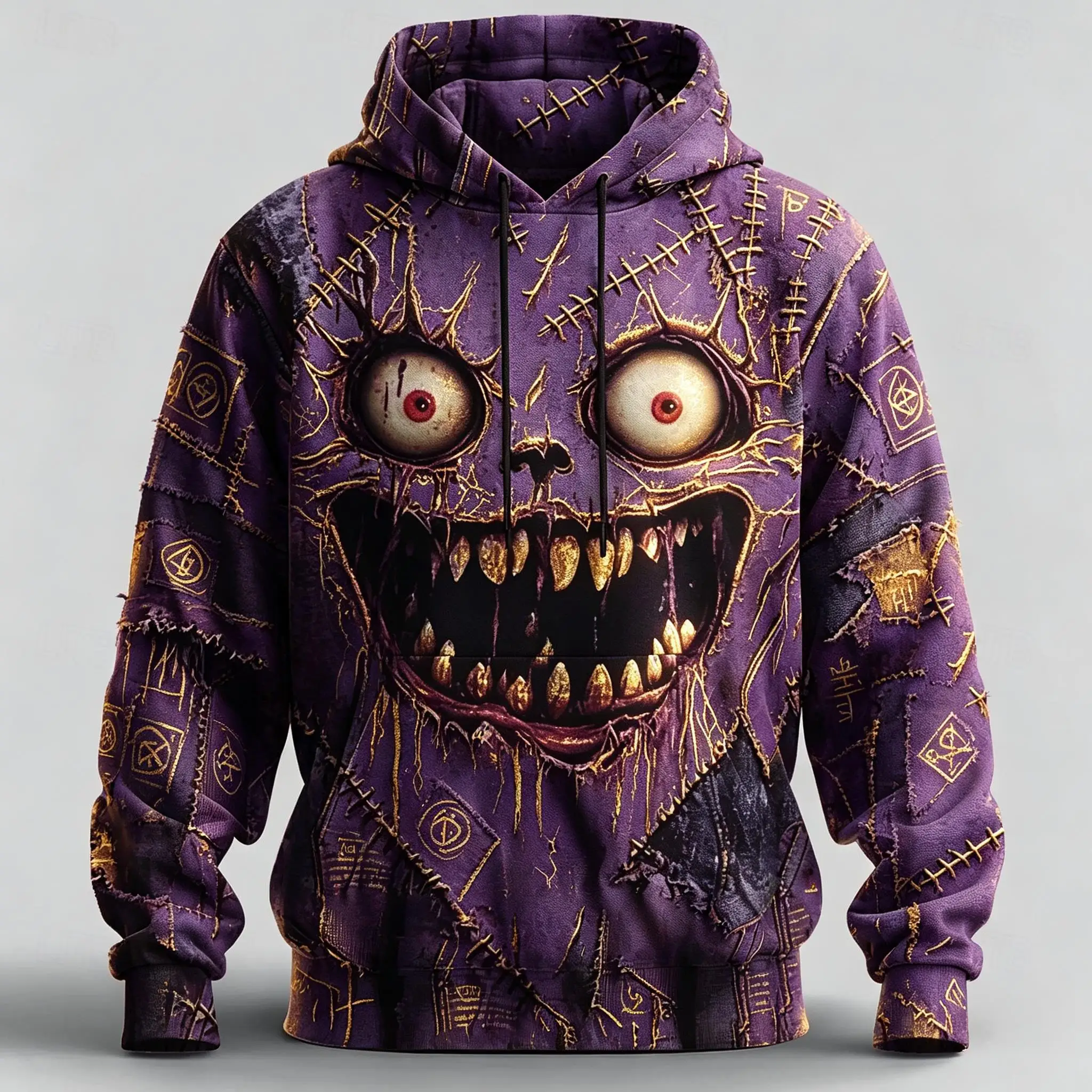 Men's Purple Stitched Voodoo Doll Monster Face Patchwork Full Print Hoodie Drawstring Pocket Creepy Halloween Pullover Tops