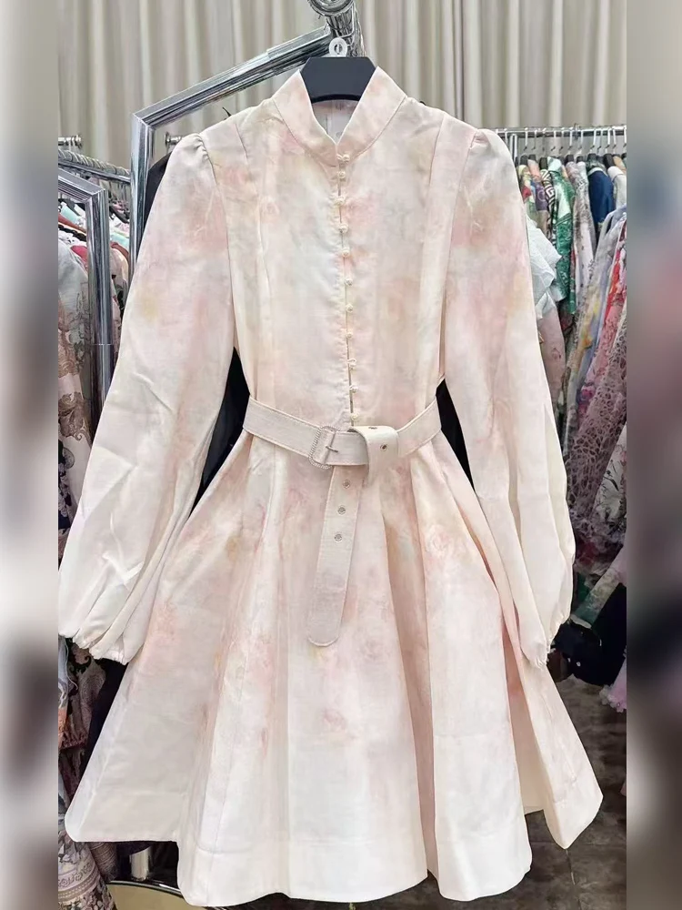 

2025 Summer Fashion New Short sleeved French Style Stand up Collar Sweet Design Pink Dress