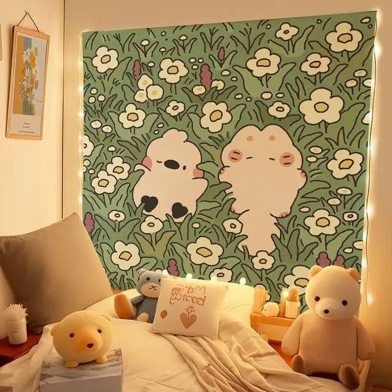 VIKAMA Cartoon Group Reading Under The Tree Tapestry, Heartwarming Wall Hanging Background Cloth for Cozy Living Room Aesthetic