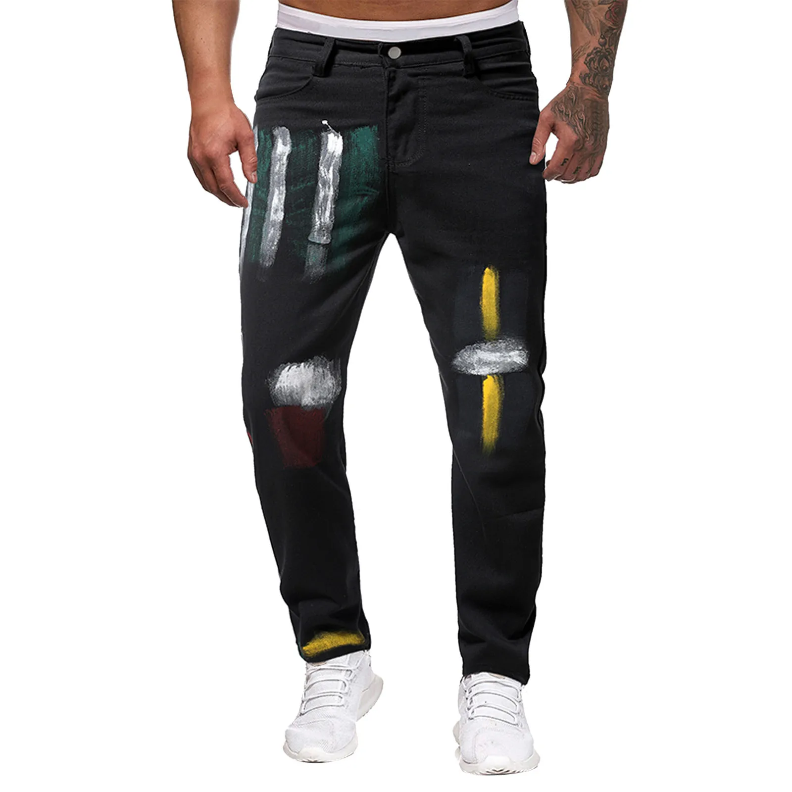 Mens Fashion Casual Black Straight Hole Buckle Zipper Denim Long Pants Trousers Pants 1 Year