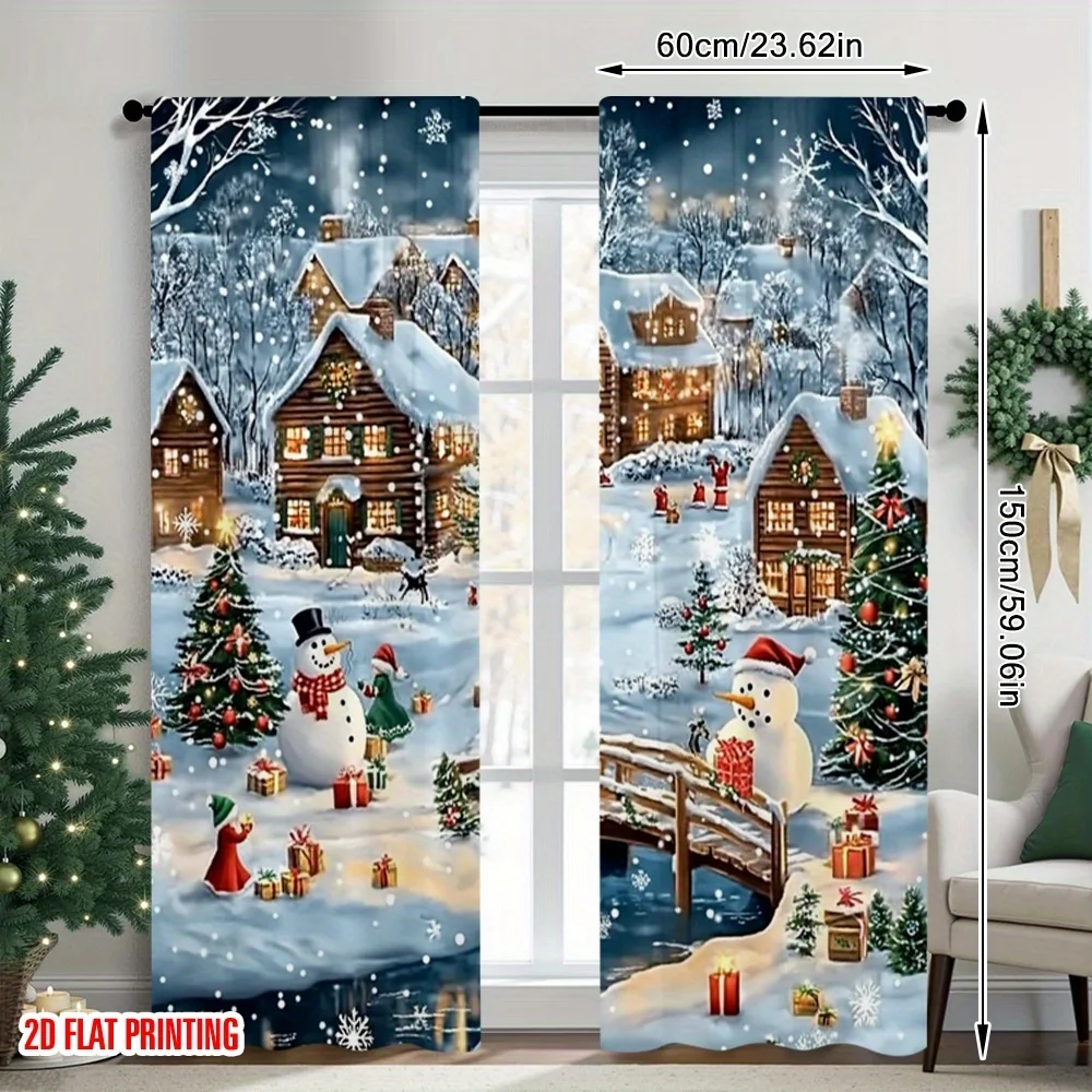 Christmas Snowman Tree Curtains 2pcs, 2D Flat Print Machine Washable No Electricity for Bedroom Living Room Spring Party Decor