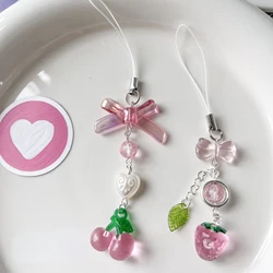 Cute Pink Red Cherry Strawberry Phone Strap Charm Landyard Keychain Keycord For Girl Woman Bag Camera Pendant For Airpods Case