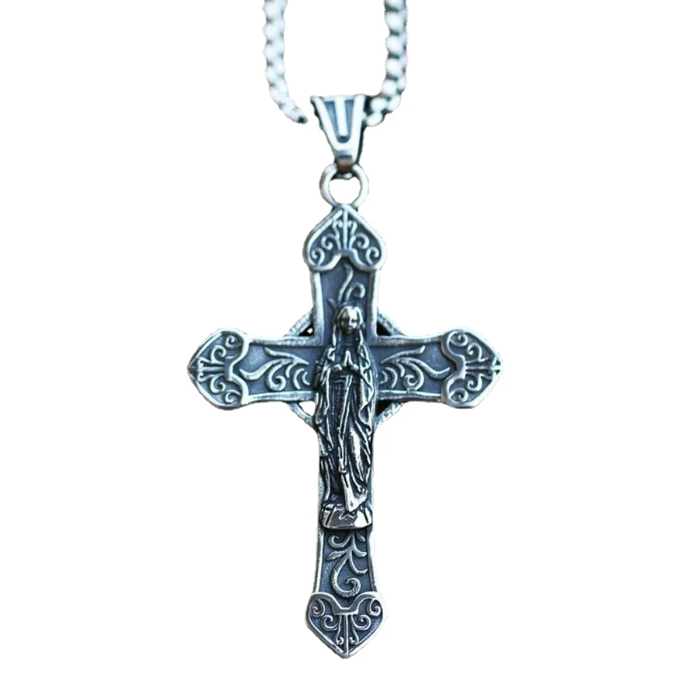 

European and American Vintage Style Men's Pendant Saint Girl Lace Cross New Stainless Steel Necklace