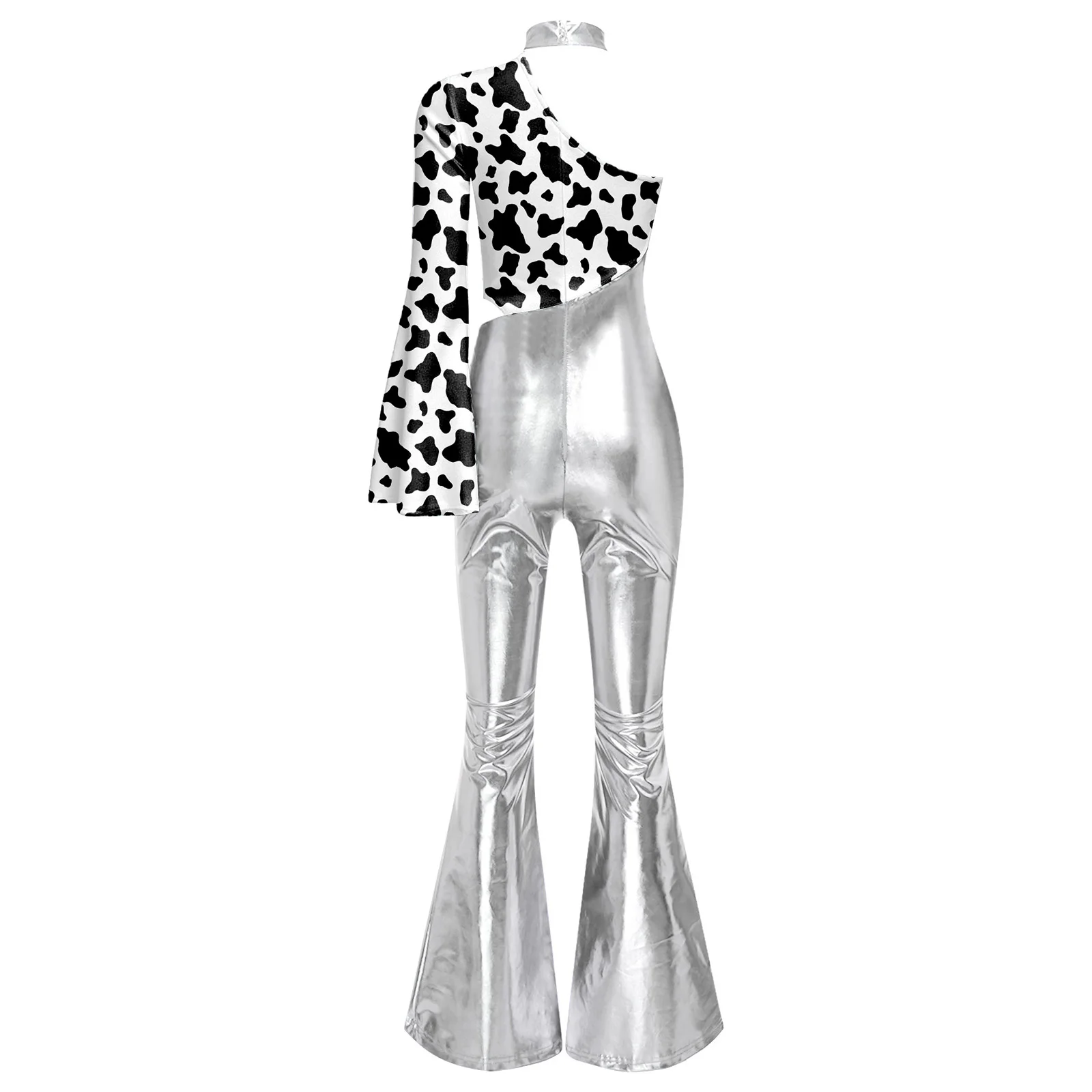 Damen One-Shoulder-Unitard mit Leopardenmuster, Tanz-Jumpsuit mit seitlichem Cutout, ausgestellte Hosenbeine, Retro 70er Disco Jazz Dance Outfit – Detail 7
