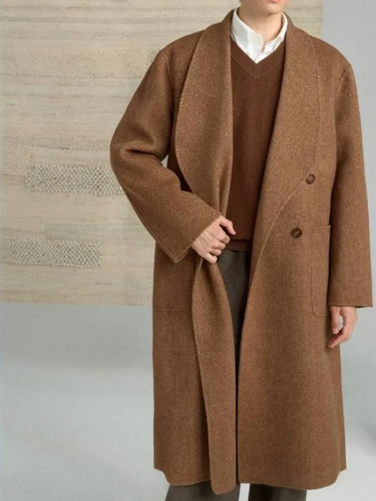 New Men Casual Office Business Long Sleeves Double Breasted Woolen Coat Lapel Belt Fashion Male Solid Color Long Style Overcoat