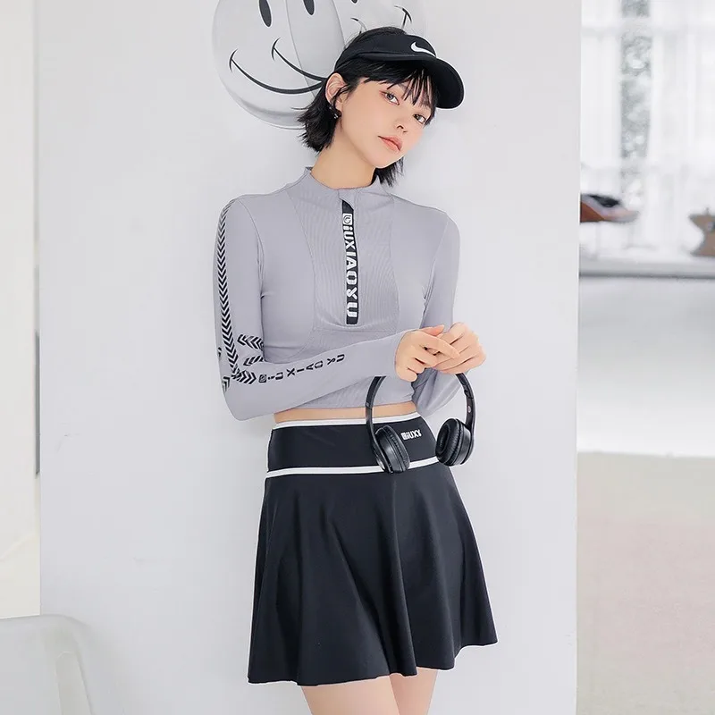 Long Sleeve Split Swimsuit Women's Sunscreen Skinny Belly Cover Vacation College Wind Hot Spring Swimsuit