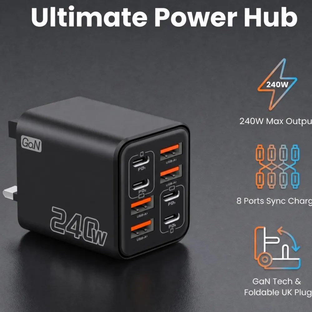 240W UK Fast Charger 8 Ports 4 USB-A + 4 Type-C PD Quick Charge Wall Charger Station for iPhone 18 17 15 pro max Samsung Xiaomi