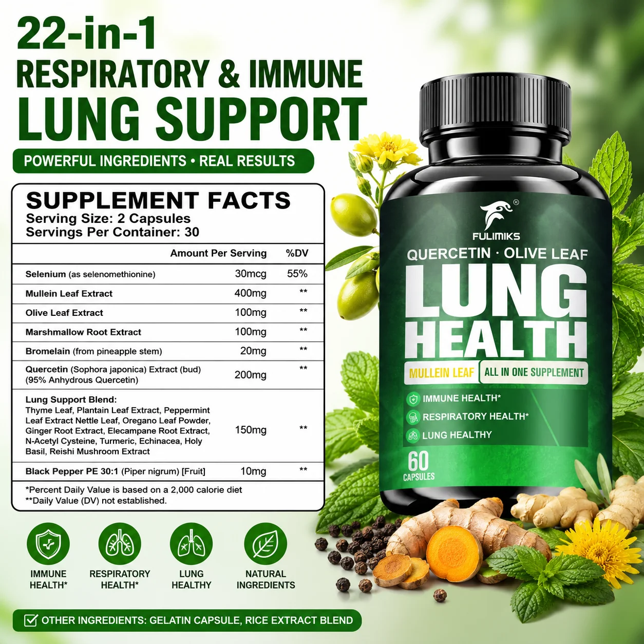 Omega 3-6-9 And Lung Health Supplement Capsules, with Fish Oil, Quercetin, Mullein Leaf, Flaxseed Oil, Olive Leaf, And Bromelain, Digestive, Respiratory, Daily Support, Whole Family Care Gift Pack